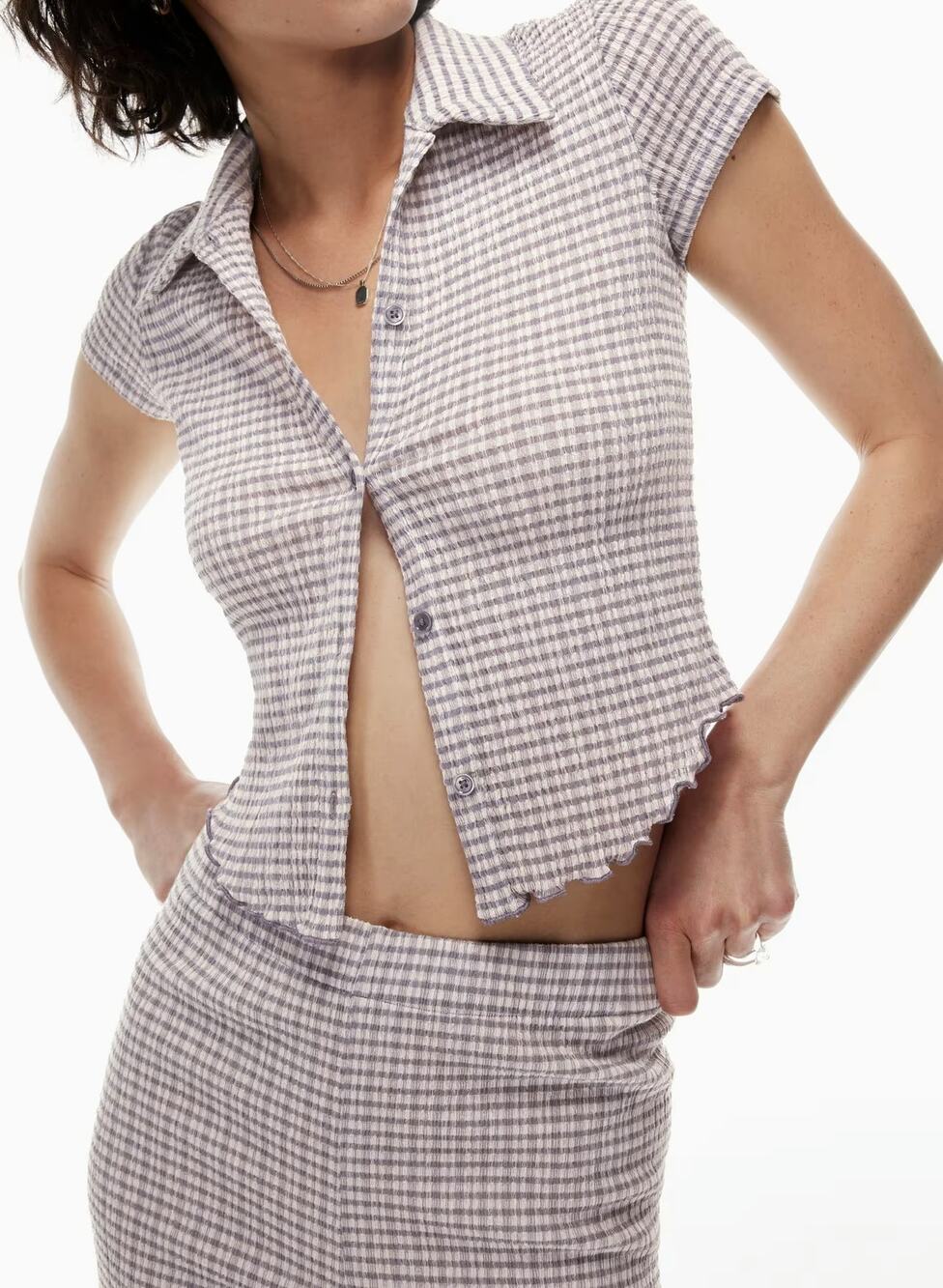Aritzia Wilfred Prudence Button Up Shirt Seersucker Lavendar Grey Size Medium